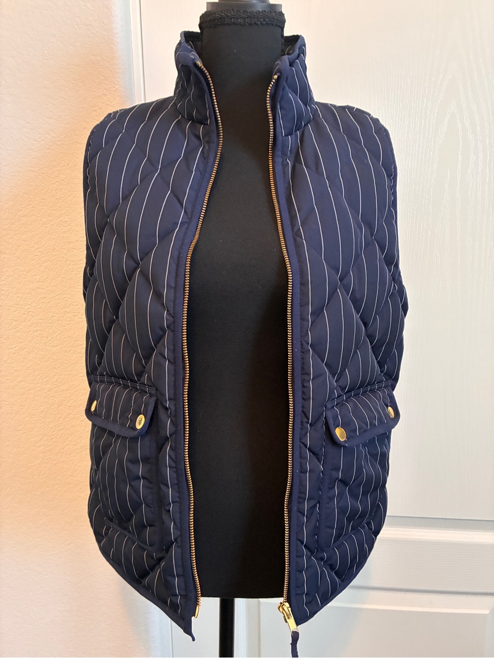 J. Crew Navy Quilted Vest with White Pinstripes
